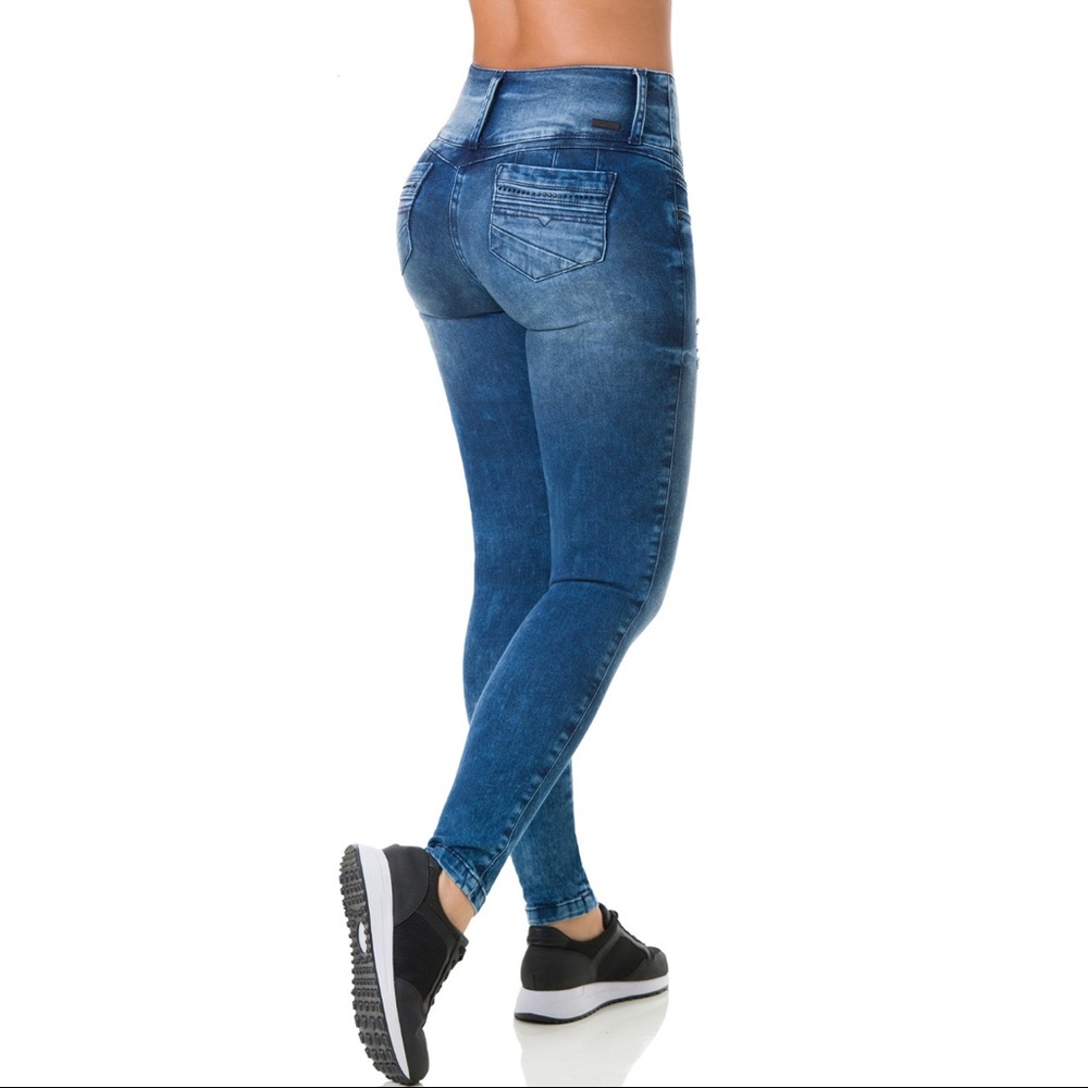 High waisted ripped blue denim Colombian Jeans